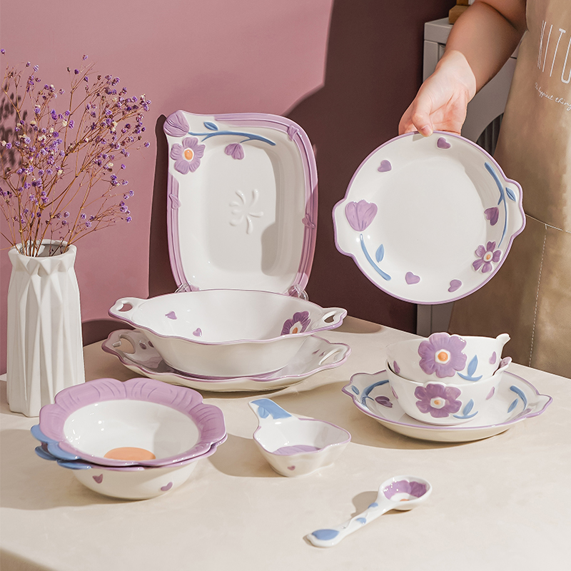 紫薇花卉釉下彩高级感日用陶瓷餐具高颜值浮雕碗盘碟勺