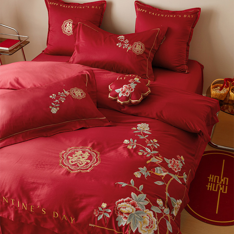 婚房床上四件套婚庆红色喜庆刺绣被套