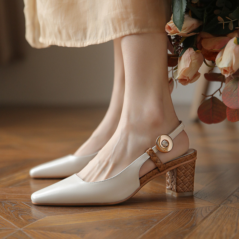 2022春夏新款真皮粗跟包头凉鞋白色高跟鞋方头女鞋百搭鞋子女单鞋