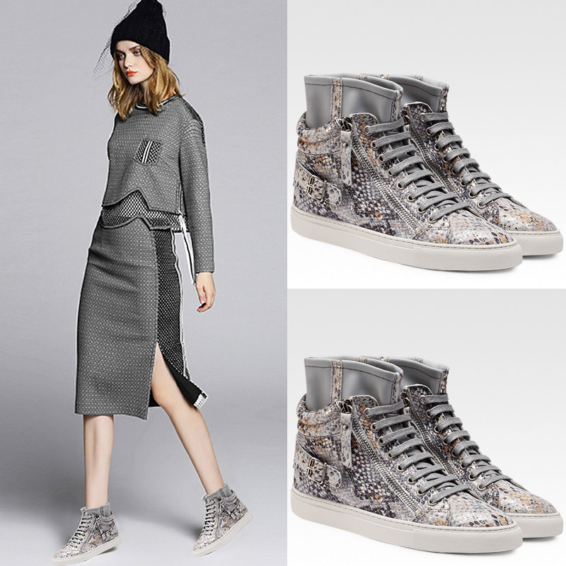 迪奥希2021秋冬新款蛇纹百搭高帮休闲鞋女内增高系带板鞋舒适真皮