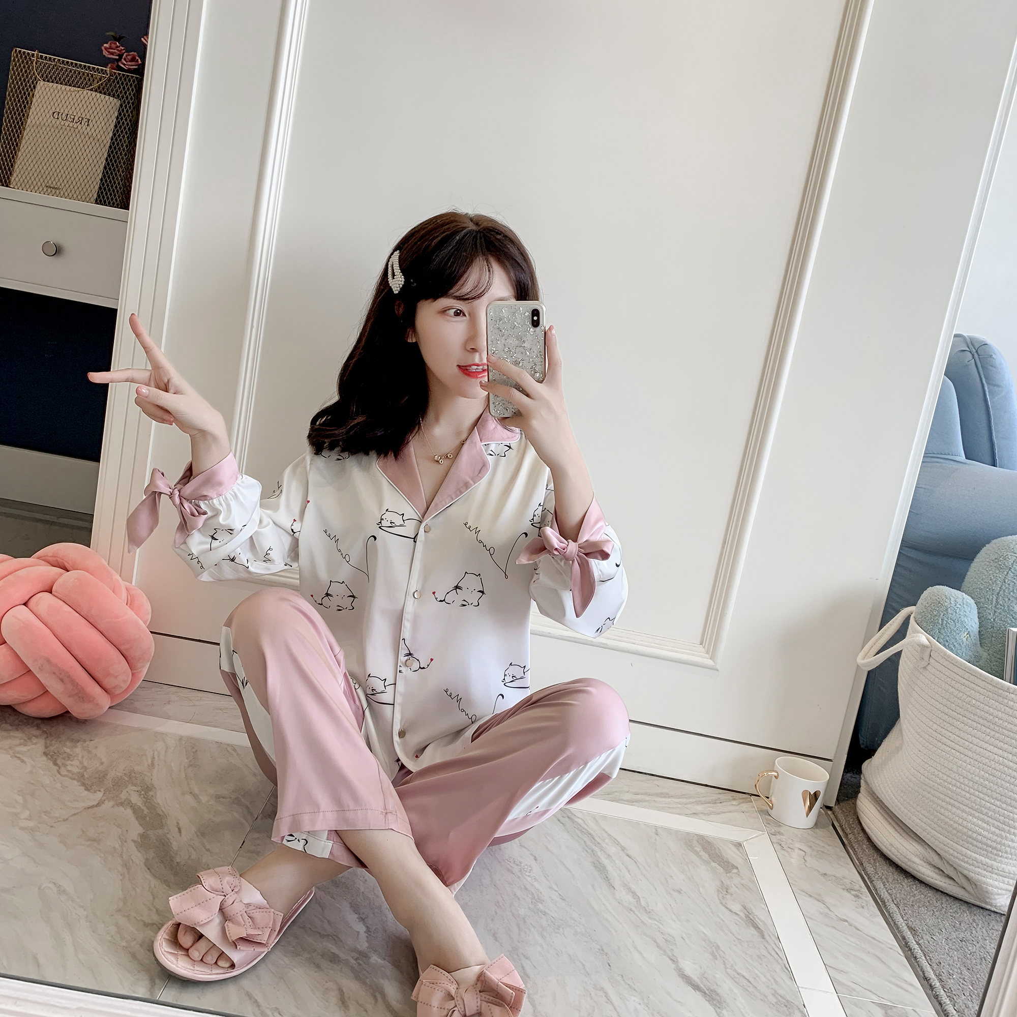 2020年春款睡衣女缎面冰丝可爱猫咪长袖丝绸两件套薄款绸缎家居服