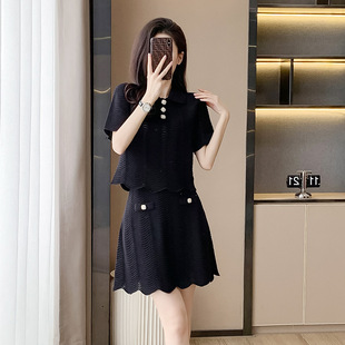 时尚休闲套装女夏季新款小香风镂空黑色短袖上衣半裙针织两件套裙