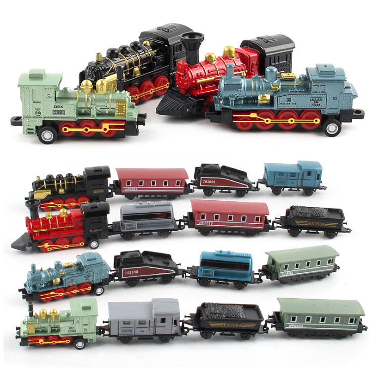 外贸版仿真复古蒸汽小火车回力车头合金儿童迷你车厢模型玩具摆件