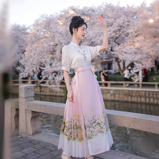 新中式马面裙伴娘服新款级感礼服粉色汉服粉色熊猫连衣裙小清新