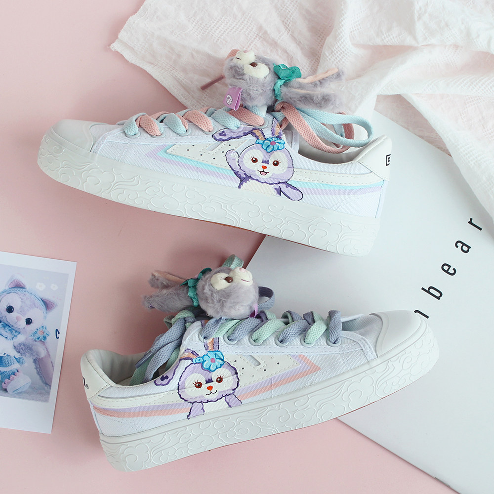 星黛露 回力紫色手绘爆改女生低帮新款可爱正品平底帆布鞋白鞋子