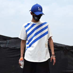 韩国潮牌半袖上衣 夏季男士宽松条纹时尚运动休闲纯棉圆领短袖T恤