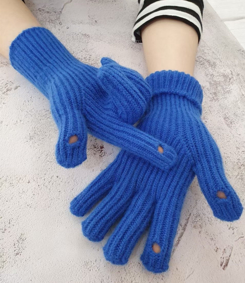 (今日10折)冬季新款韩国东大门代购加厚保暖纯色洞洞羊毛触屏分指手套