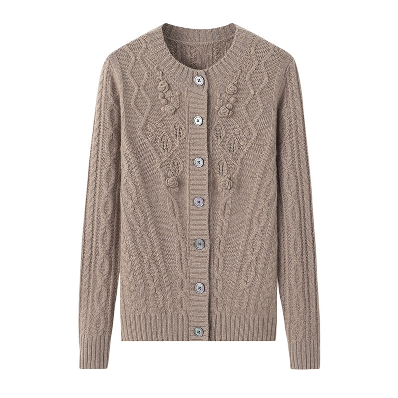 内蒙100纯山羊绒衫女式圆领甜美绣花加厚针织开衫全羊绒对襟毛衣