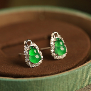 天然翡翠葫芦冰种阳绿纯银耳钉女新中式国风绿色玉石宝石耳饰耳环
