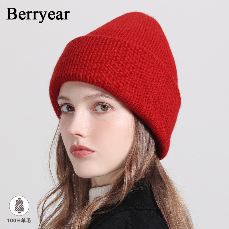 100纯羊毛帽子女秋冬季百搭红色针织毛线帽2023新款加厚保暖冷帽