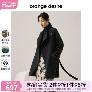 orange desire黑色中长款大衣女2022年秋冬新款加厚西装毛呢外套