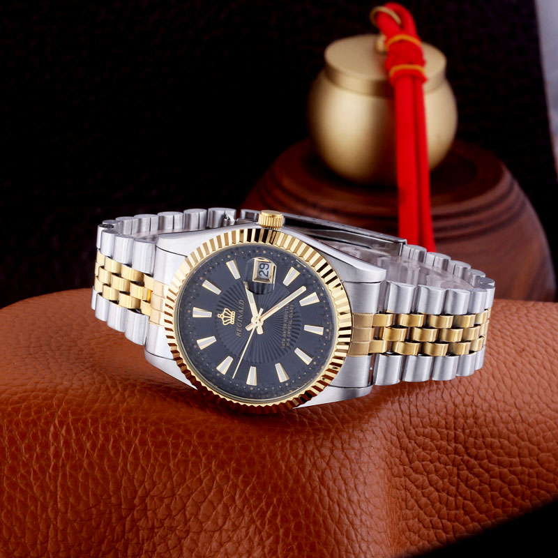 利吉奴皇冠手表进口石英机芯间金防水钢带单厉情侣夜光表休闲简约