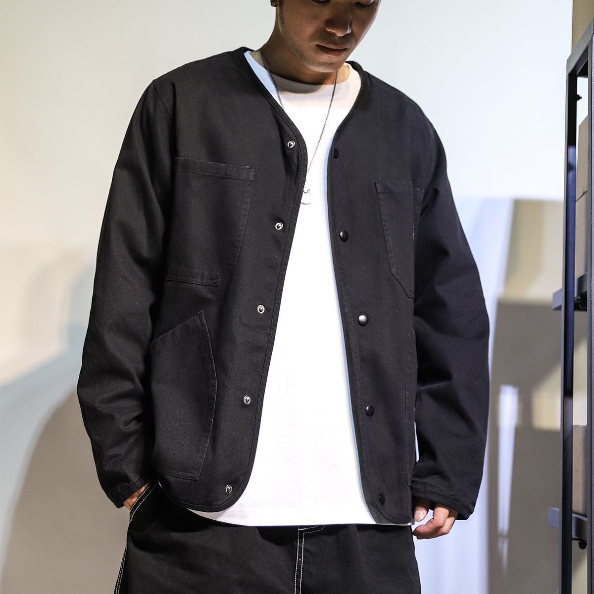 美式工装夹克男士无领潮牌军旅风单排扣宽松百搭黑色纯棉休闲外套