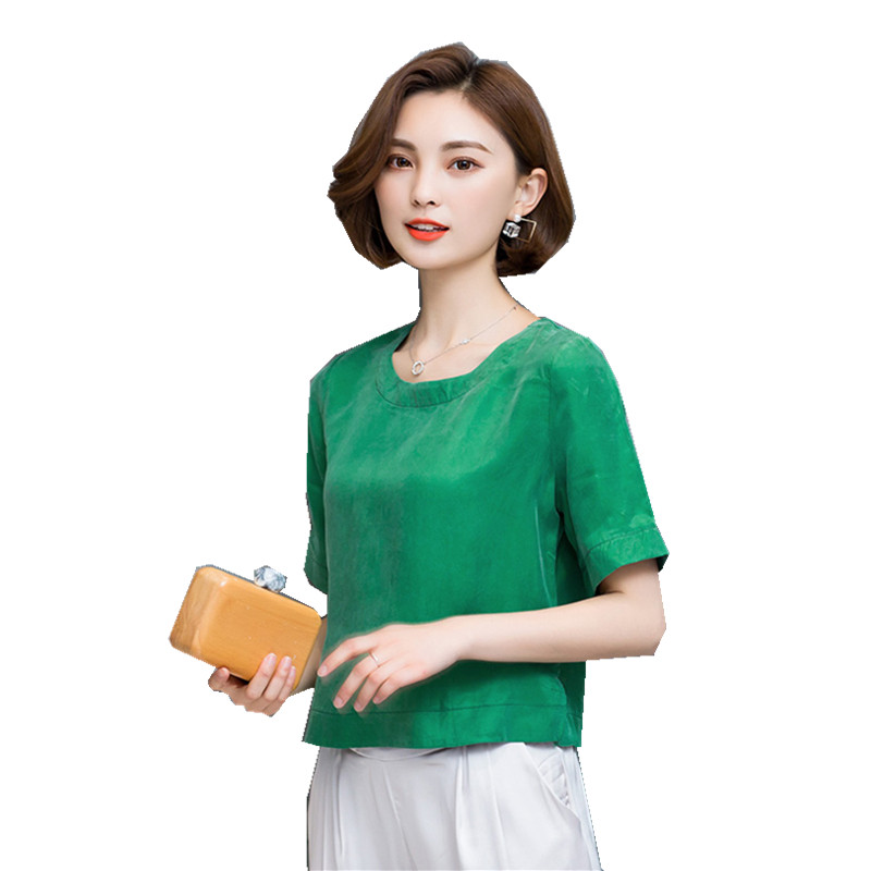 宽松大码短款重磅铜氨丝上衣女真丝桑蚕丝显瘦百搭纯色短袖t恤夏