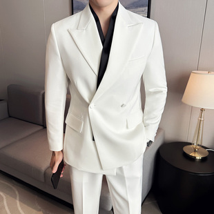 2024新款假两件白色时尚西装男套装痞帅休闲高级感修身西服两件套