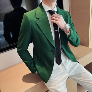 墨绿色高级感西装男时尚轻熟单排扣韩版修身商务便单西服免烫外套