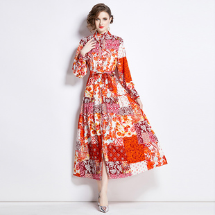 法式英伦风复古高级感优雅碎花连衣裙旅行拍照好看的桔色大码长裙