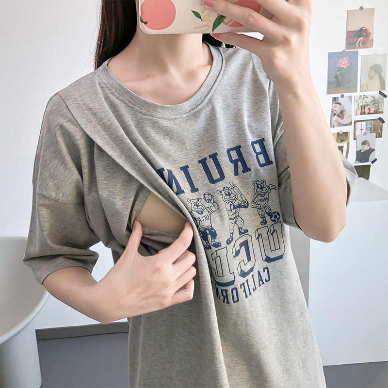 哺乳衣外出辣妈款纯棉短袖哺乳夏装t恤外穿侧开式夏季喂奶衣上衣