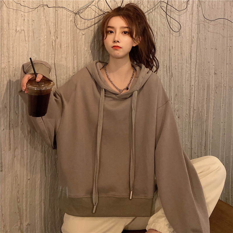 实拍图6535鱼鳞棉2021春款纯色卫衣女连帽薄款百搭通勤上衣女