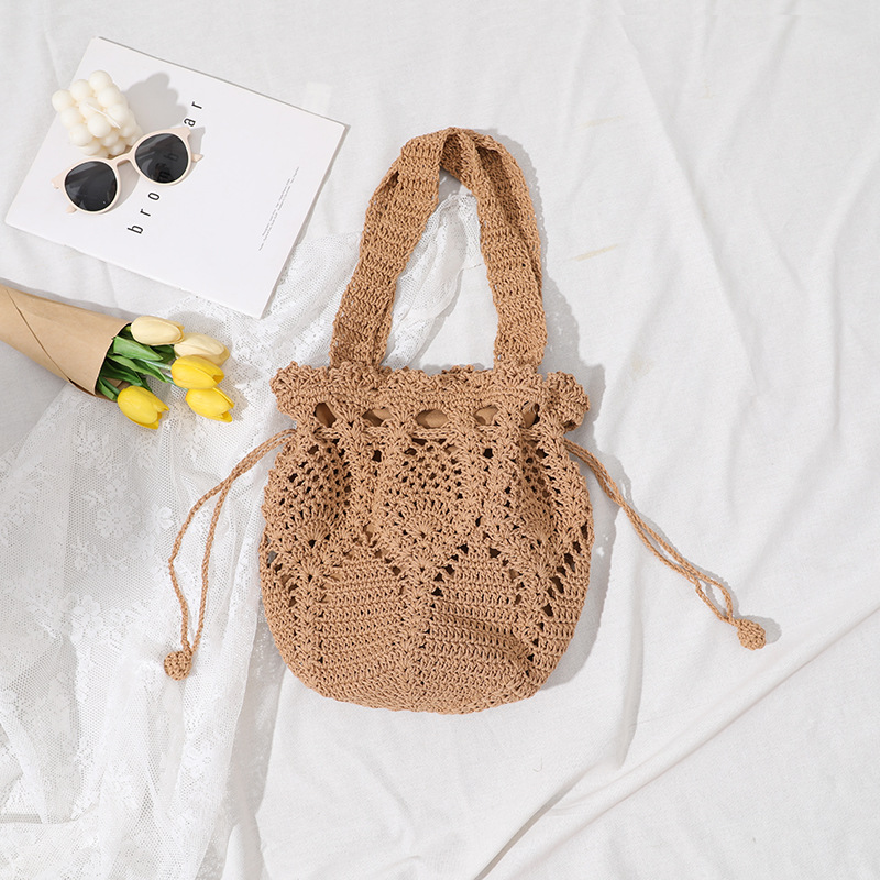韩国棉线编织包新款夏季单肩手提仙女花朵水桶草编包度假包沙滩包