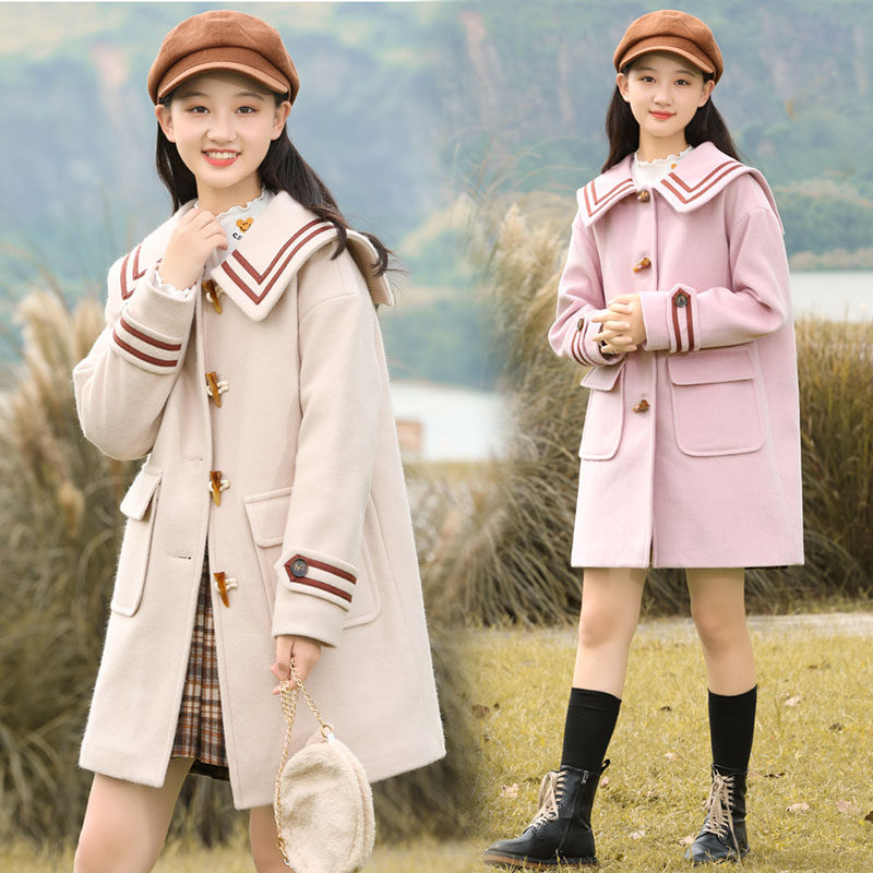 初中生女孩秋装甜美学院风毛呢外套2021新款高中学生中长款呢大衣