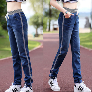 春秋装12大童14-16岁女孩初中学生春季牛仔裤韩版松紧腰少女裤子