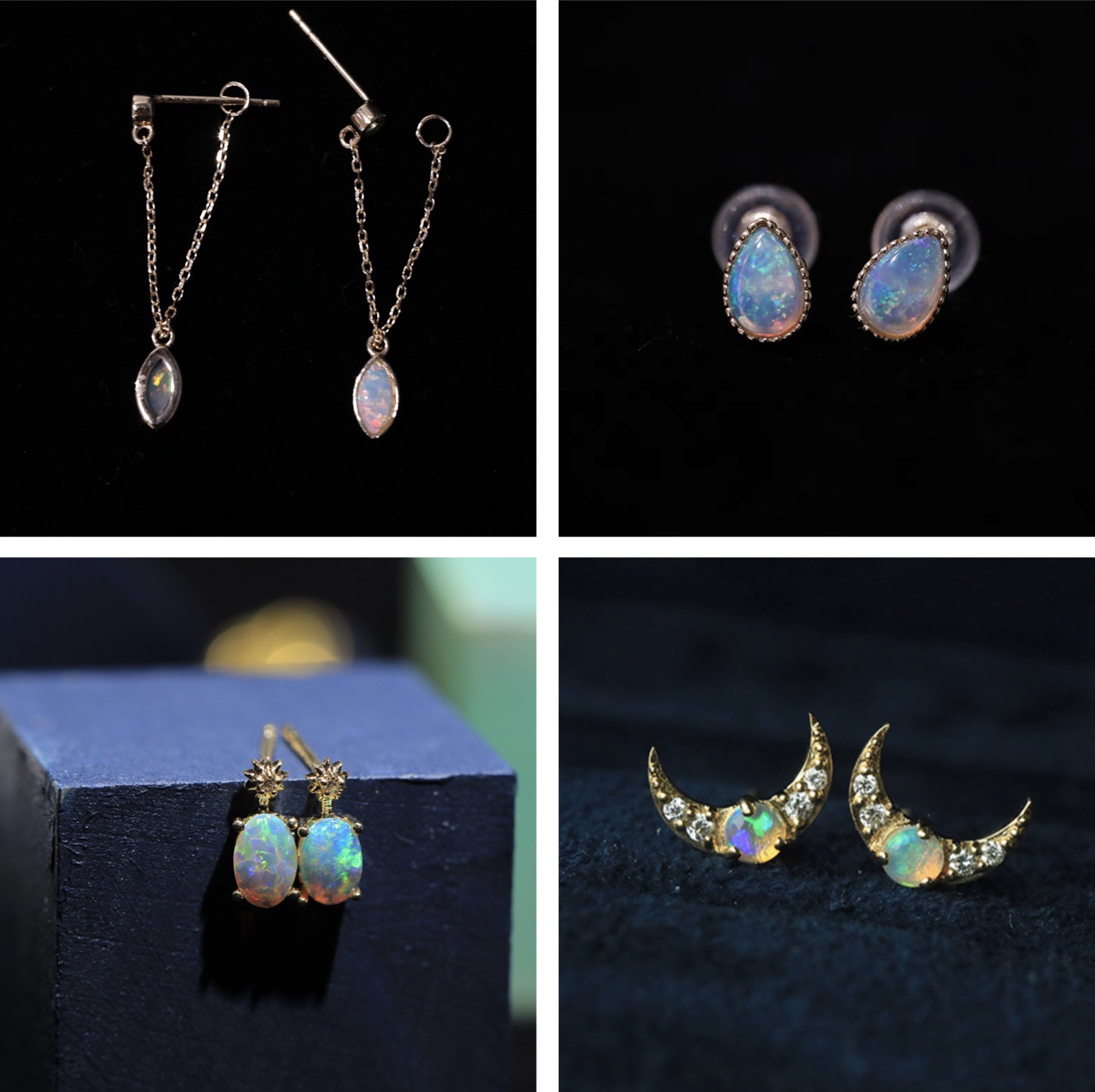 18k金天然欧泊圆形澳洲闪电岭耳钉