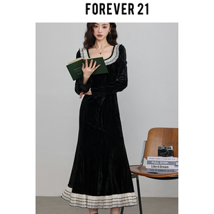 Forever 21【卡萨布兰卡之夜】黑色丝绒连衣裙女2024春季新款赫本