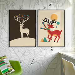 北欧创意儿童房装饰画卧室床头挂画现代简约小清新卡通壁画 小鹿