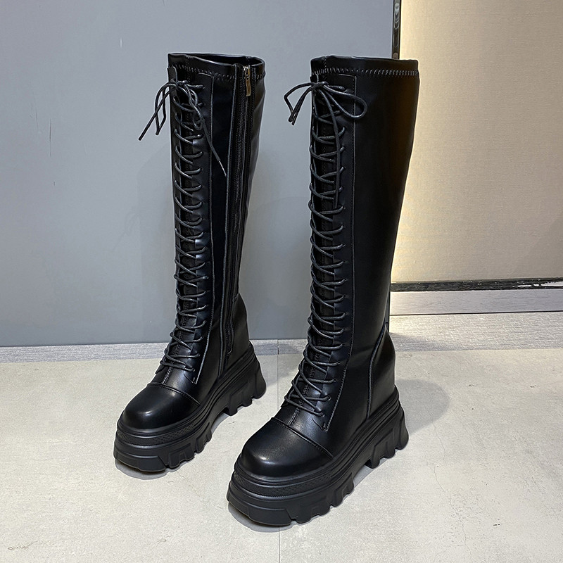 马丁靴黑色厚底显瘦系带高筒靴子长筒骑士靴女2021春秋季新款长靴