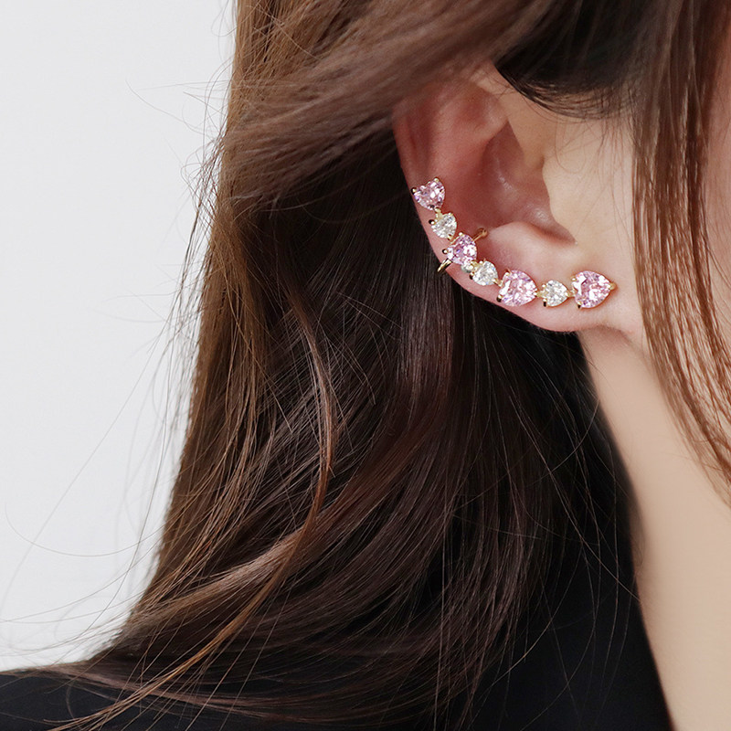 韩国东大门不对称桃粉色爱心锆石闪钻耳骨夹一体式耳钉甜美女耳环