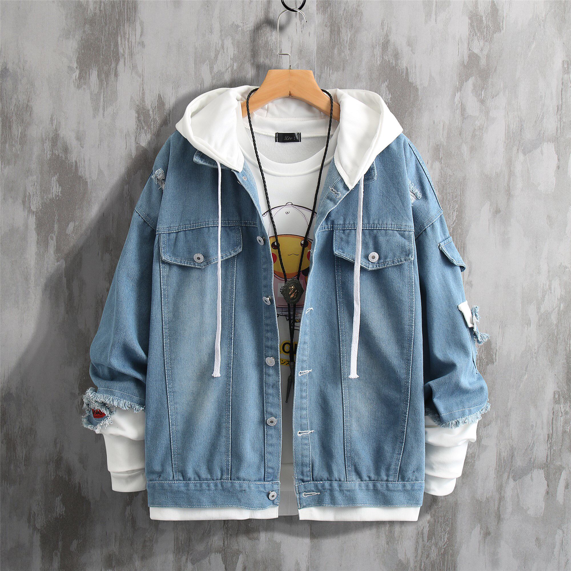 学生_男士外套2019宽松连帽潮流韩版牛仔衣假两件宽松秋冬款卫衣