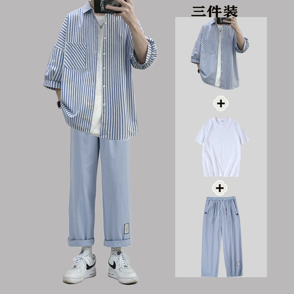 夏季休闲衬衫套装男士潮牌轻熟风痞帅短袖衬衣三件套男装一套搭配
