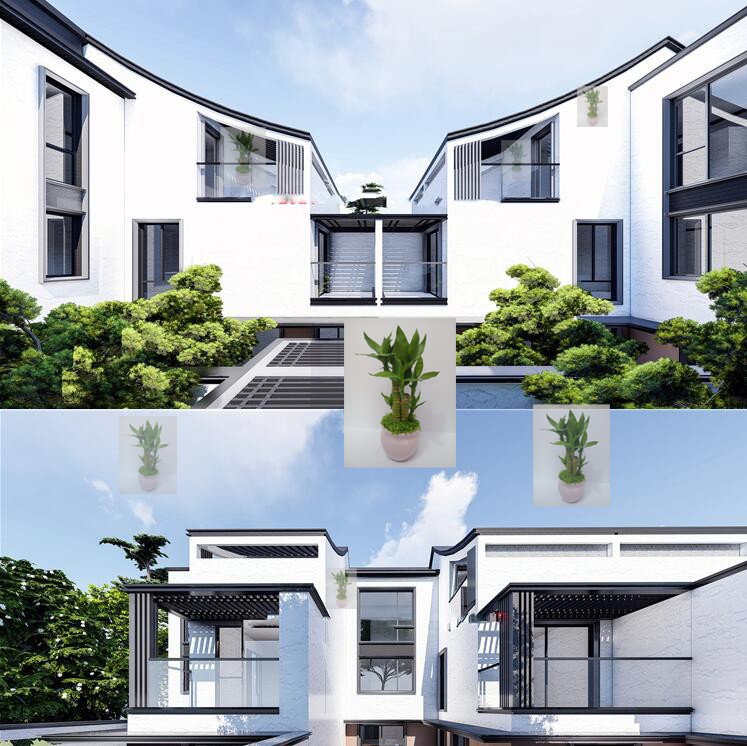 现代新中式风格居住区小区联排别墅住宅特色小镇坡屋顶建筑su模型
