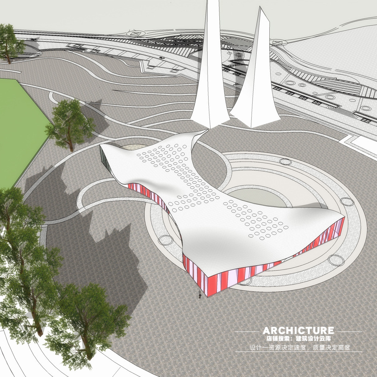 现代曲面异形弧形屋顶艺术馆展览厅展馆会展中心概念建筑su模型