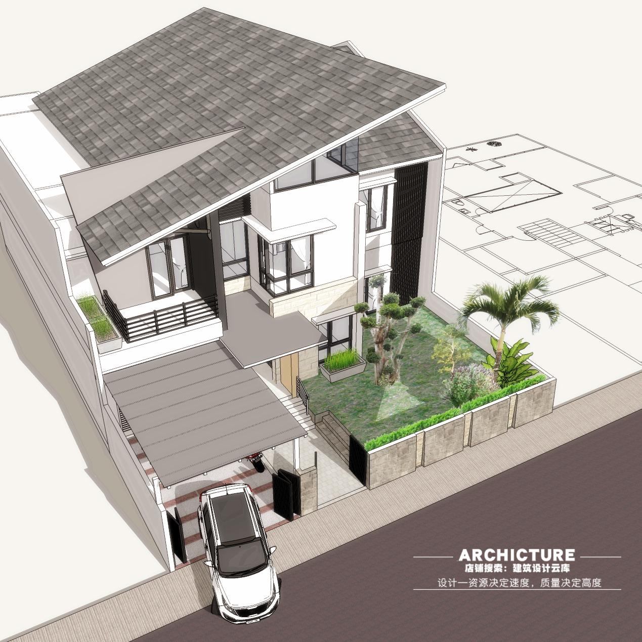 su素材三层别墅小住宅自建房斜板单坡屋面构架建筑设计方案su模型