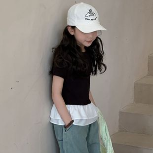 韩系女童雪纺拼接短袖T恤黑白上衣小童夏装天丝牛仔阔腿裤套装