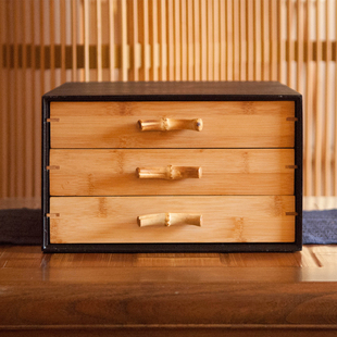 中式实竹节茶饼收纳盒多层抽屉桌面储物盒 整理盒创意竹制首饰盒