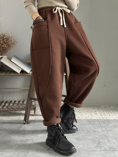 2023年冬季新款欧版加绒加厚休闲卫裤女宽松显瘦咖啡色哈伦裤长裤