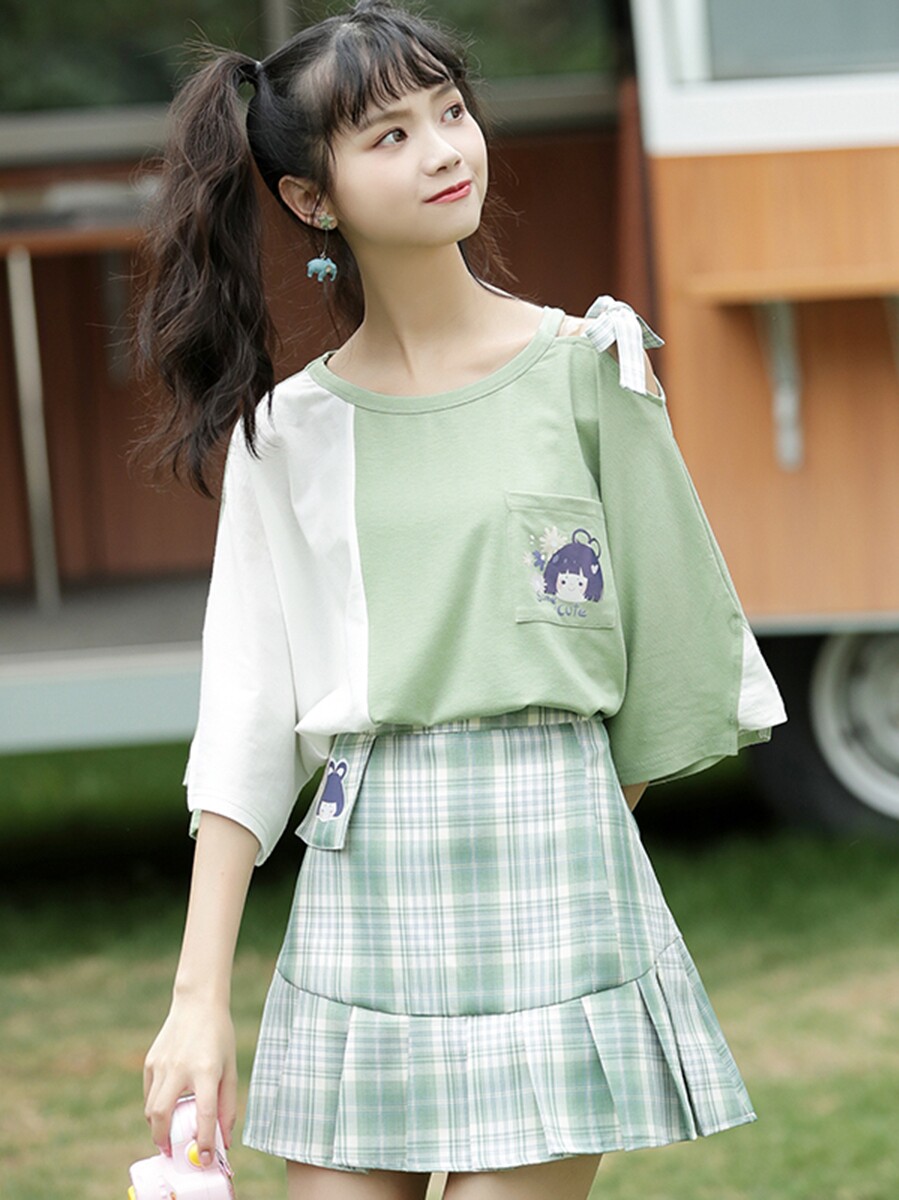 森女日系部落小清新短袖t恤女夏可爱少女甜美学生软妹百褶裙套装t