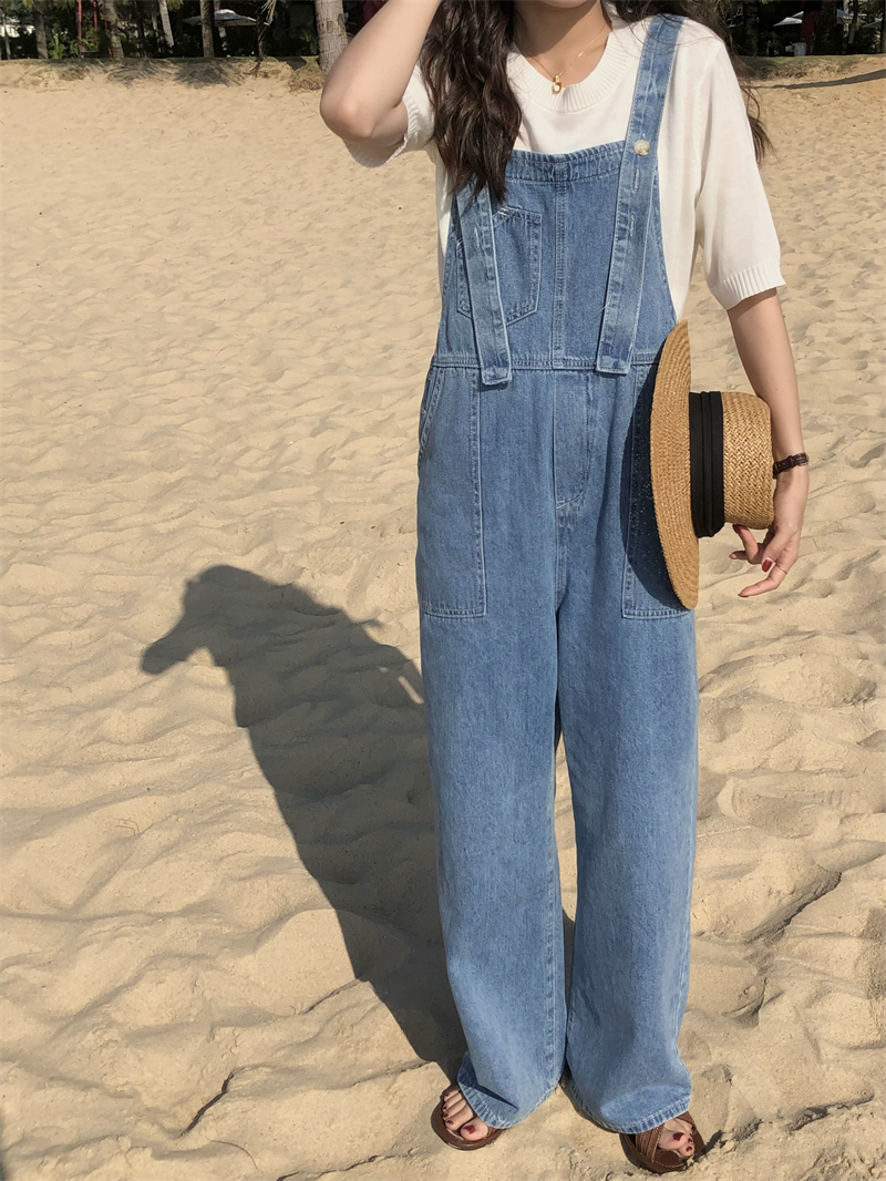 meetme春季直筒显瘦背带裤女2022韩版新款蓝色纽扣可调节吊带裤