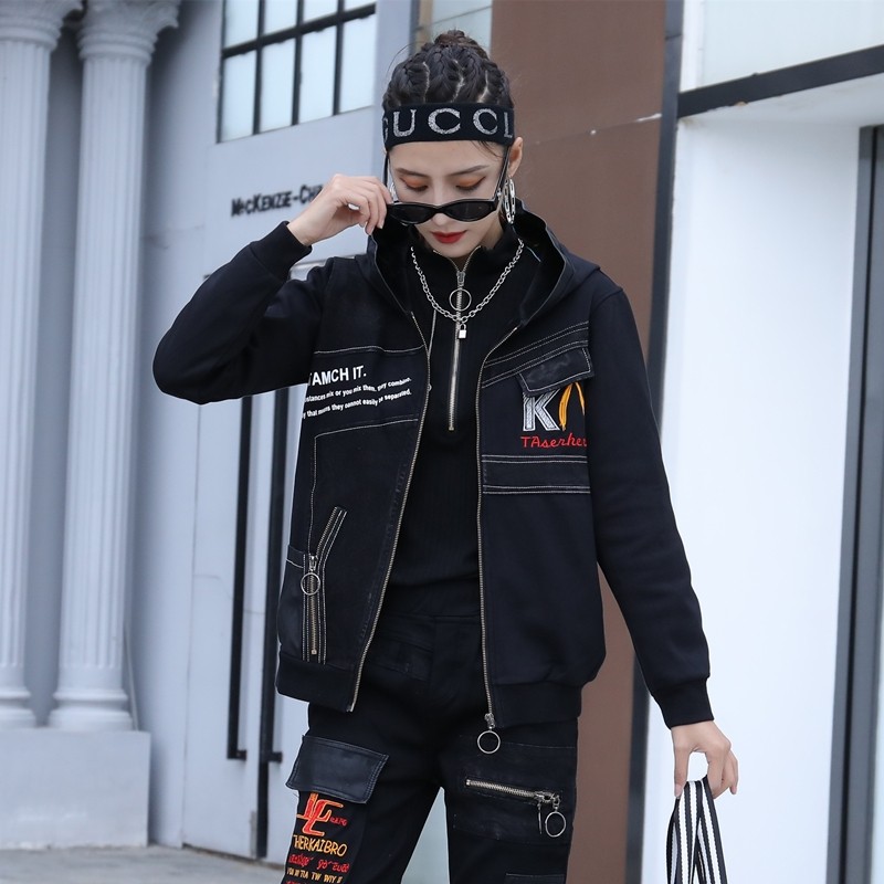 酷风格女装黑暗系百搭加绒外套酷女孩穿搭帅气街头加厚连帽上衣潮