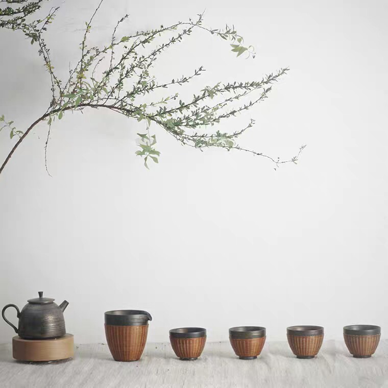 自然家非遗竹丝扣瓷鎏金茶杯茶水壶公道杯日式古风茶具套装送礼品