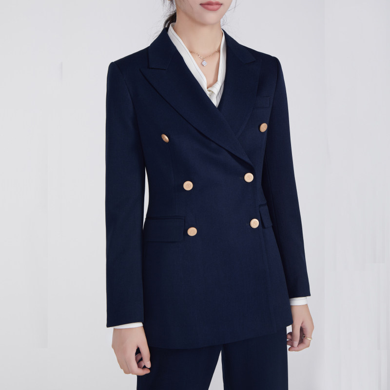 欧范西装套装女双排扣面试正装职场套装西服早春职业工装藏蓝色