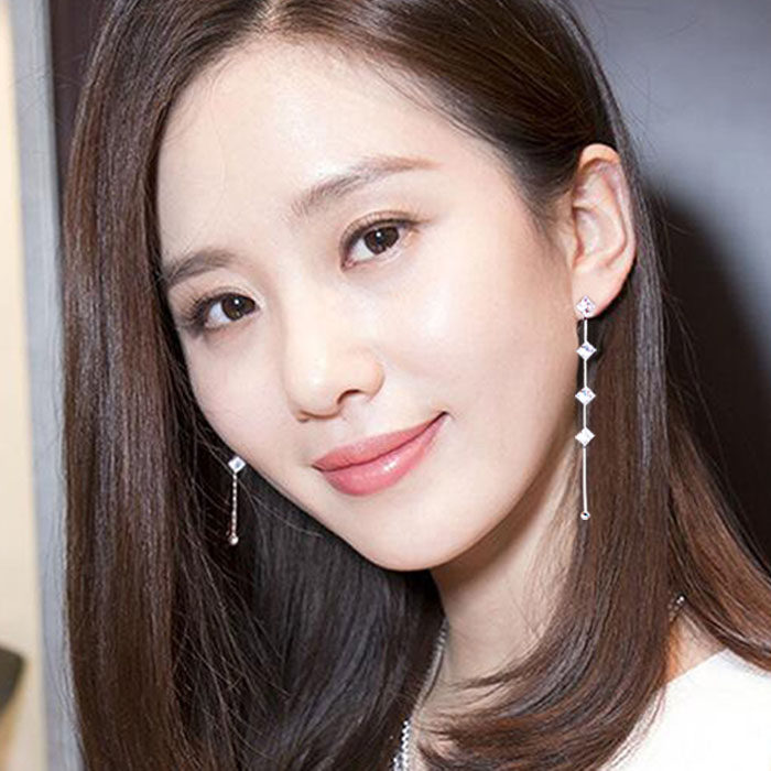 一折无洞耳环耳夹 韩国女 长款流苏_冷淡风韩国方形锆石长款耳线气质