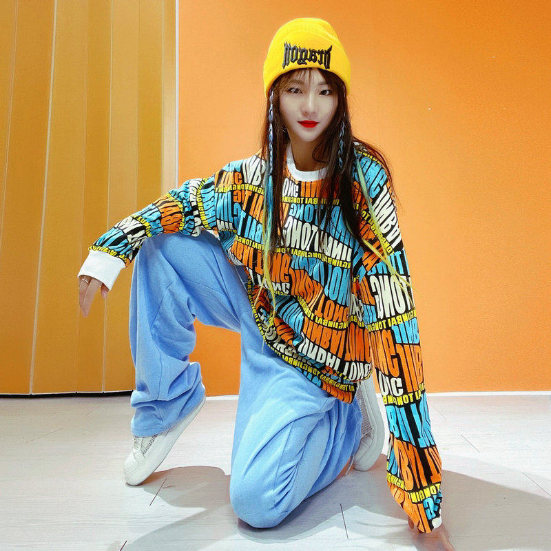 新款hiphop卫衣女欧美宽松ins潮酷春秋街舞女装jazz跳舞上衣长袖
