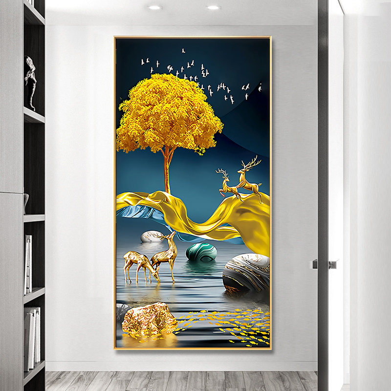 钻石画玄关竖版发财树麋鹿砖石画2021新款客厅点钻十字绣现代中式