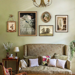 美式复古人物装饰画简约法式沙发背景墙客厅实木相框组合油画挂画