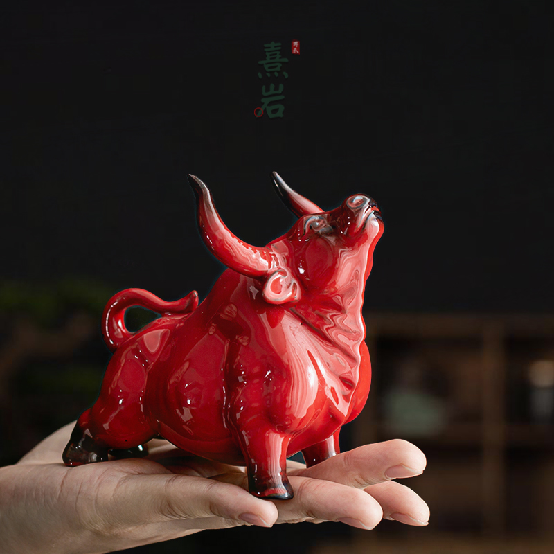 创意陶瓷红色牛摆件茶宠家居客厅招财装饰品吉祥物生肖牛年礼品