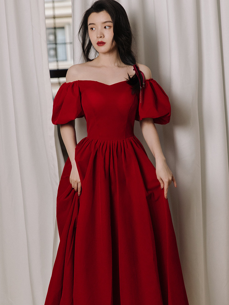 法式小众宫廷复古一字肩连衣裙气质女神范红色晚宴会礼服长裙优惠券